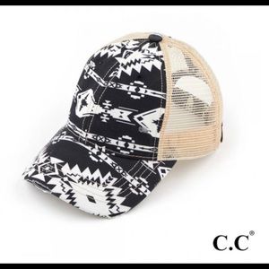 C.C. Ponytail Baseball Cap Black & White Aztec